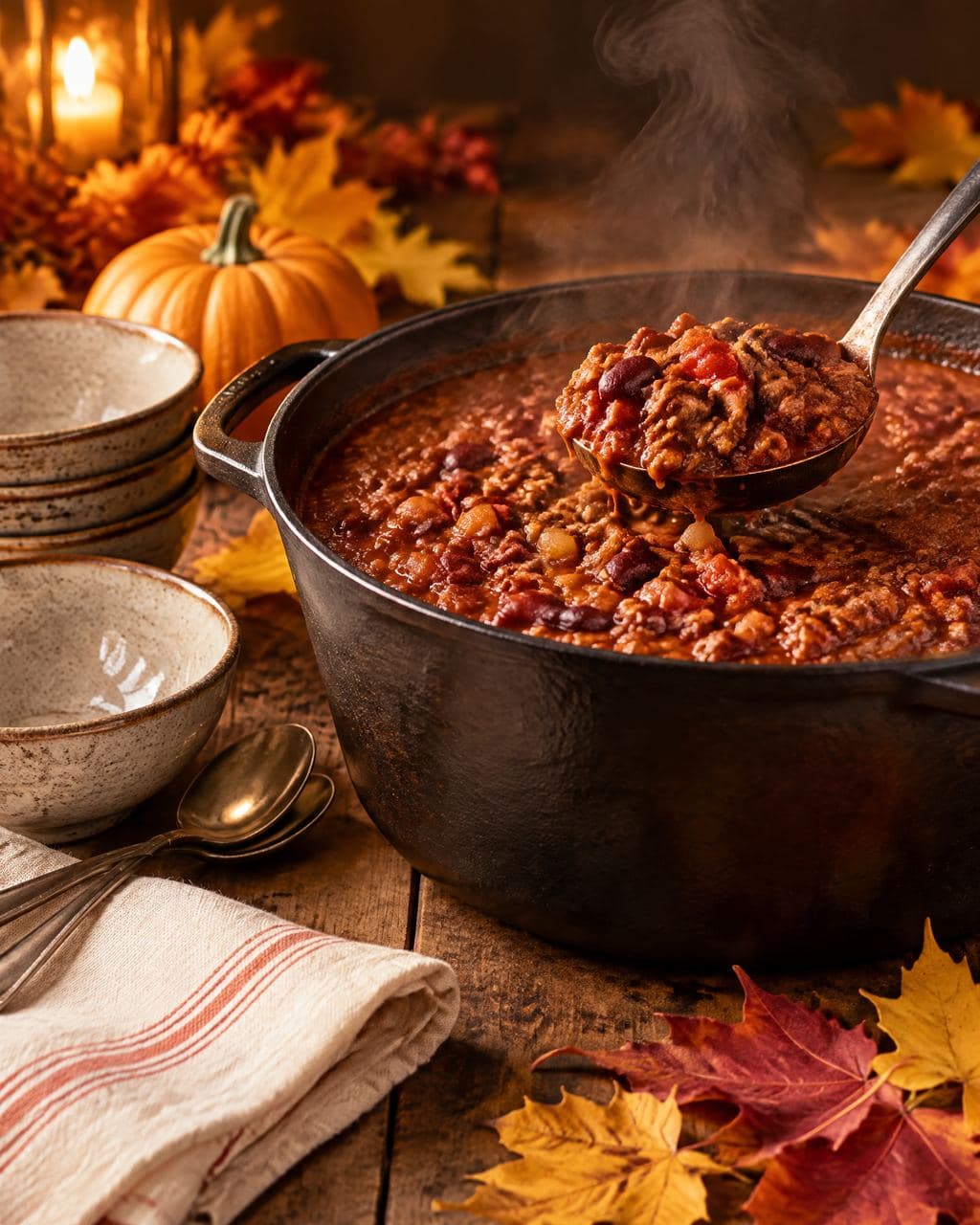 A cast-iron pot of homemade chili on a harvest table with stoneware bowls, autumn leaves and string lights