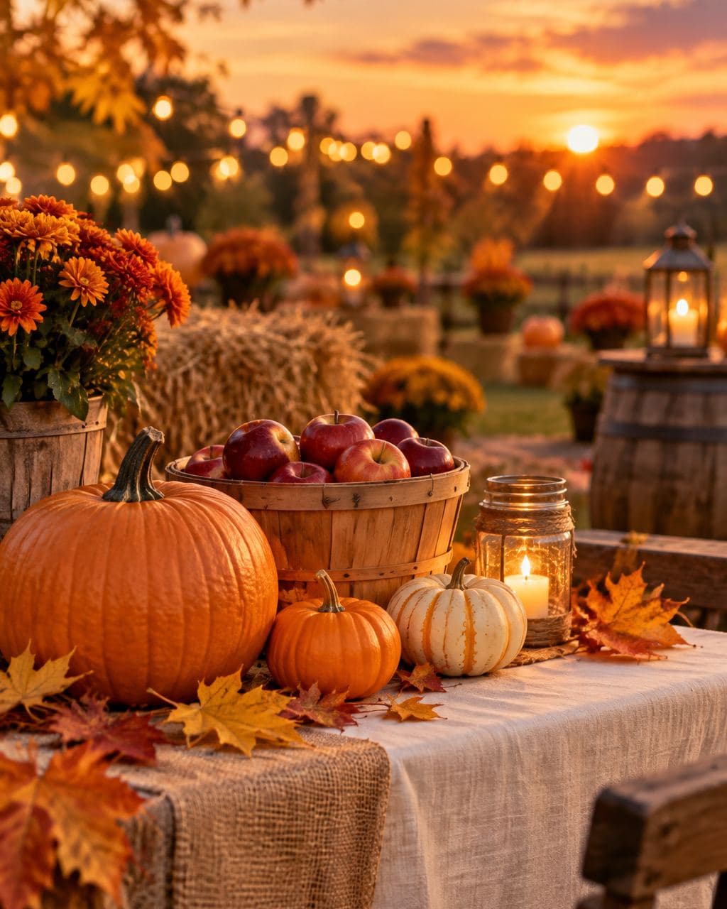 An autumn festival table with pumpkins, apples, lanterns and string lights at sunset
