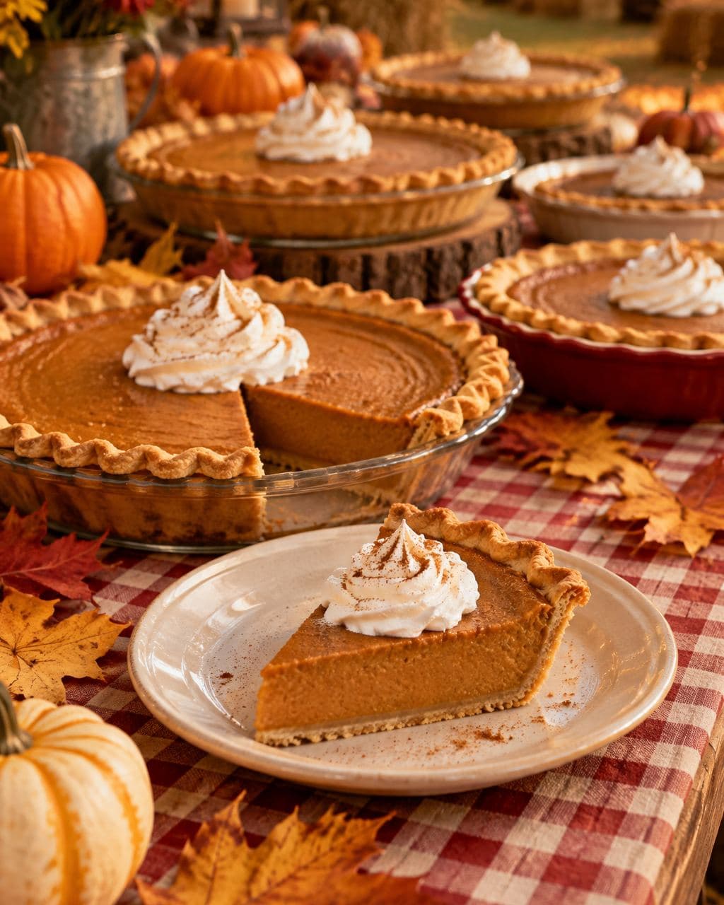Pumpkin pies topped with whipped cream on a red-checked tablecloth