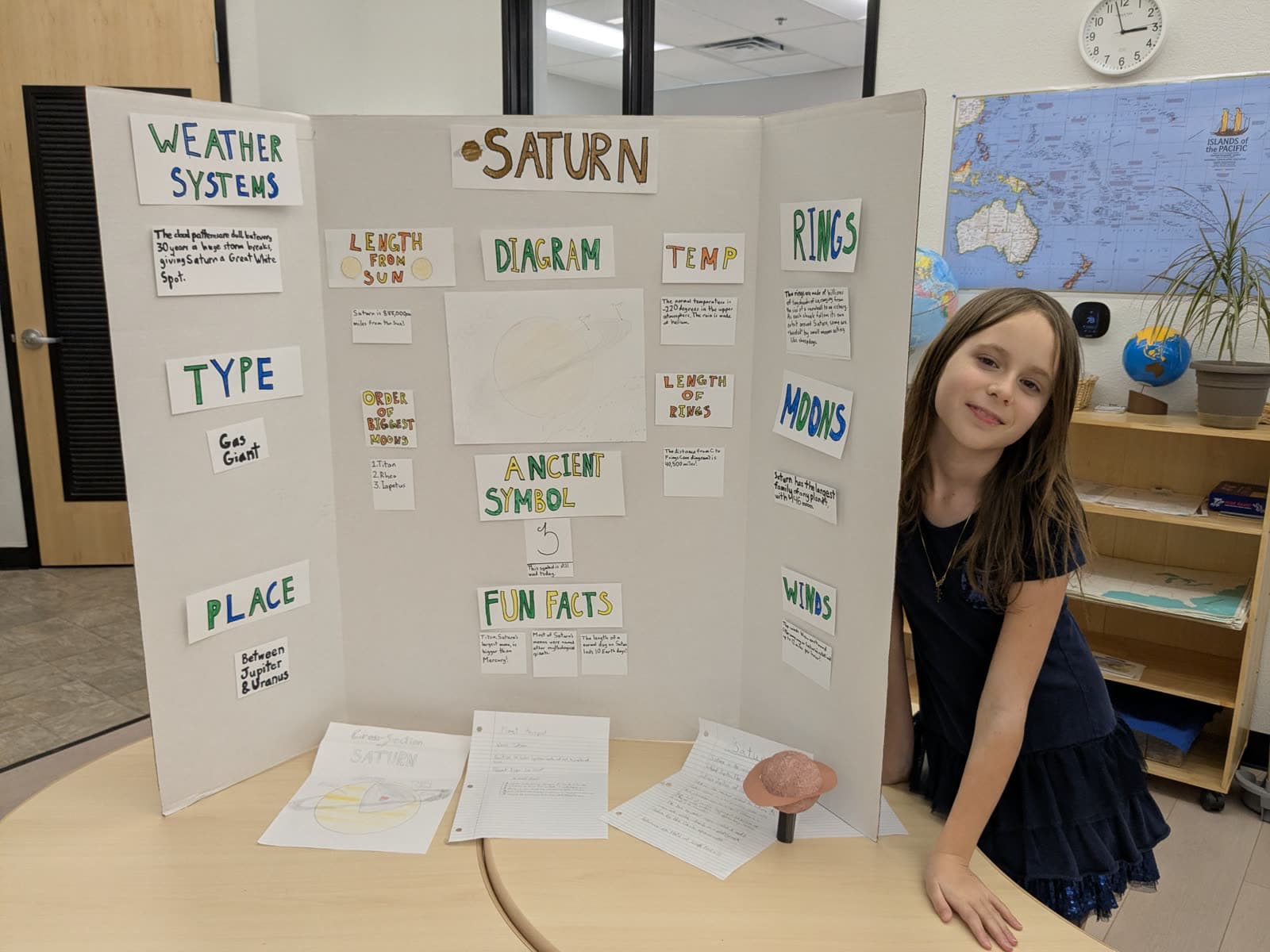 A student beside her science fair display board about Saturn and weather systems