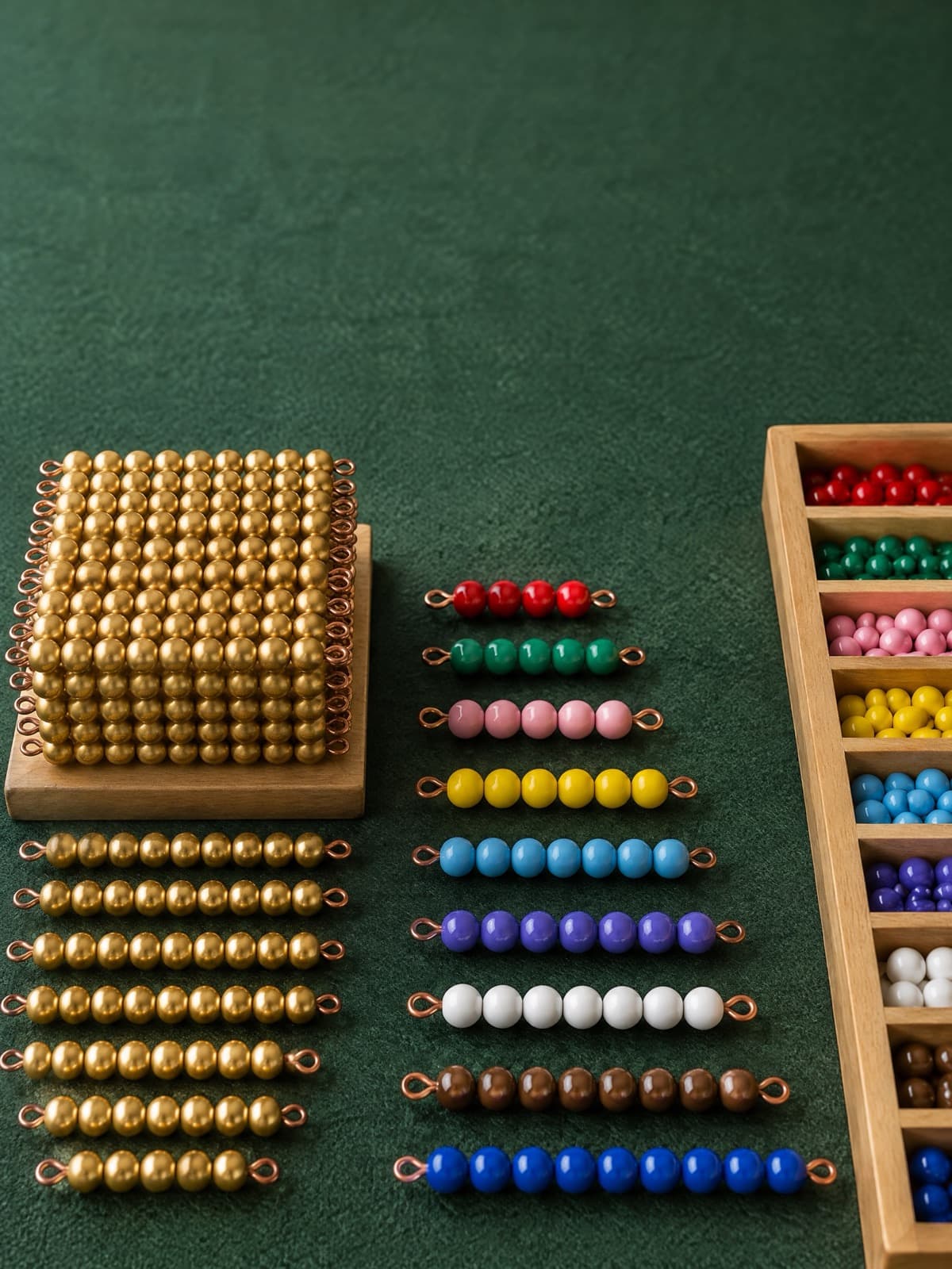 Montessori golden bead materials and coloured bead bars on green felt