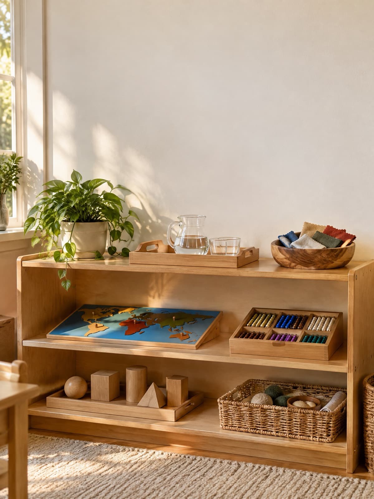 A low wooden shelf of Montessori materials: a puzzle map, geometric solids and baskets