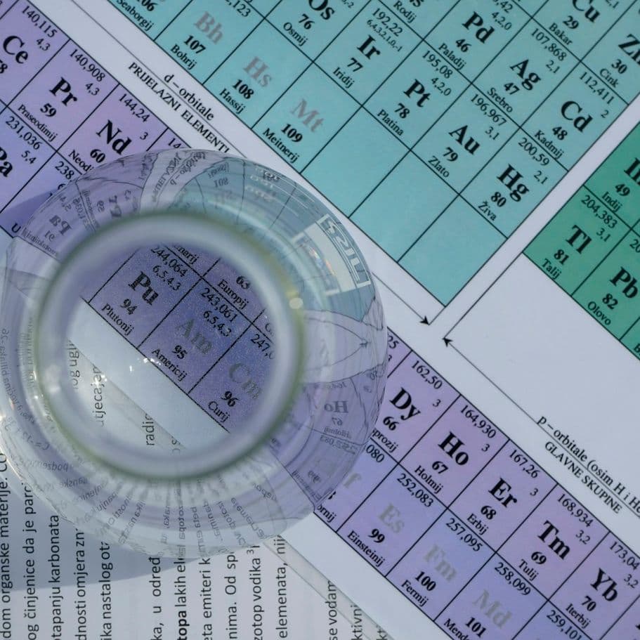 A glass laboratory flask resting on a printed periodic table of the elements